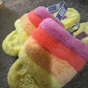 UGG Rainbow Shearling Slide Slippers in Yellow, Pink and Orange